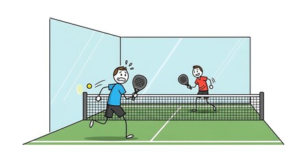 Cartoon illustration of two men playing padel tennis.