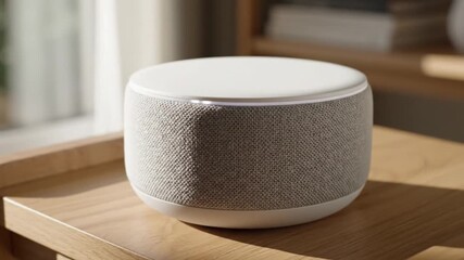 A modern, minimalist smart speaker design in a natural light setting, highlighting its sleek aesthetic and potential for home integration