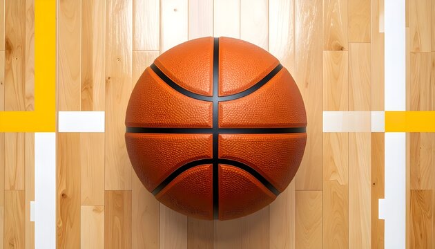 Top-down view of a classic orange basketball centered on a polished wooden court. White and yellow lines define the play area, highlighting the glossy surface and readiness for competition