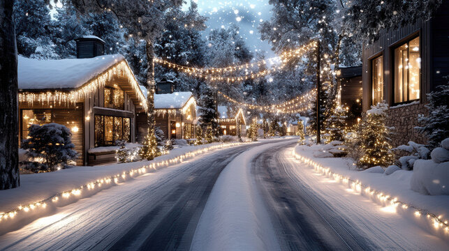 Snowy village lit with warm string lights and cozy cabins at dusk evoking peaceful holiday charm