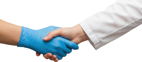 Close up of two hands one in a blue medical glove and the other in a white lab coat shaking handshake transparent background