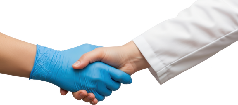 Close up of two hands one in a blue medical glove and the other in a white lab coat shaking handshake transparent background