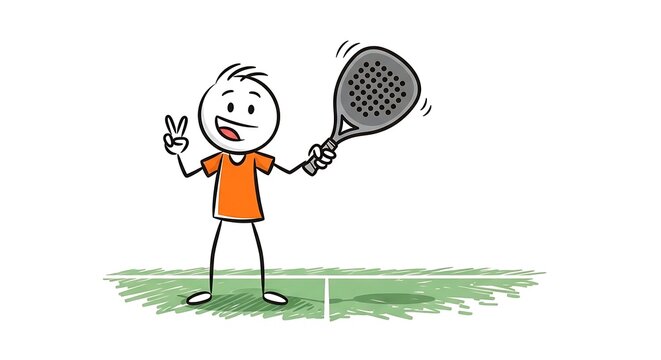 Cartoon Stick Figure Ready for Padel Tennis Match.