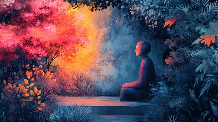 Serene abstract art featuring a figure in meditation, surrounded by vibrant floral and foliage elements in an ethereal and painterly style, evoking a sense of peace and introspective journey.