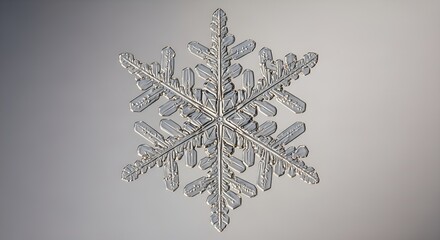 Extreme macro photograph of a single pristine stellar dendrite snowflake. This natural ice crystal exhibits intricate geometric structure and fine branching details against a soft gray background 