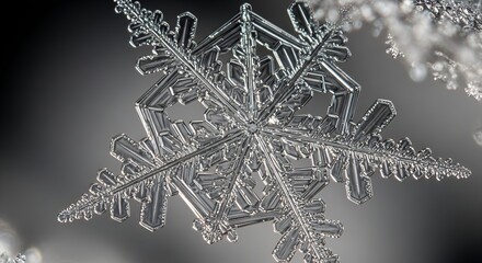 Extreme macro photography captures the complexity and sparkling beauty of a single natural snowflake crystal in stunning detail. This sharp image highlights the intricate hexagonal structure and clear
