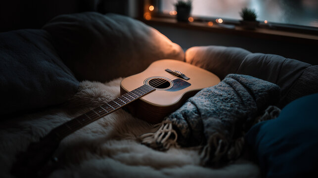strumming. Acoustic guitar on soft surface with warm lighting highlighting natural wood textures, tutorial guides, club newsletters, designed for sports & leisure club marketing.