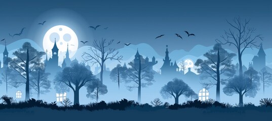 Eerie halloween night in a small town with fog and glowing windows creating a spooky atmosphere