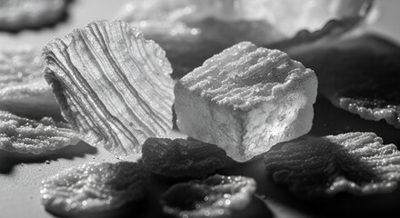 Close up monochrome macro shot of large crystalline flakes or mineral structures showcasing intricate layers and granular texture under dramatic light.