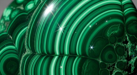 Stunning macro shot of polished green malachite gemstone surface showcasing intricate concentric banding patterns and vibrant emerald tones. A beautiful natural texture background for luxury design.