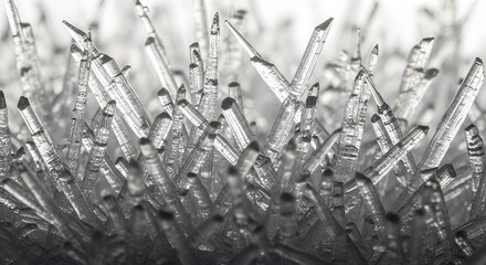 Extreme close-up macro photograph of elongated metallic crystal whiskers or dendrites growing densely upwards. The spiky silver structures reflect light dramatically against a bright background