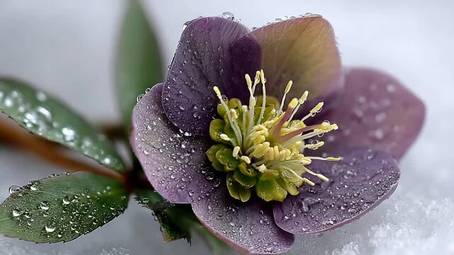 Delicate purple hellebore flower glistens with raindrops in melting snow.