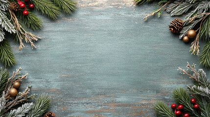 Frosted evergreen border pine cone red berry wooden background winter decor