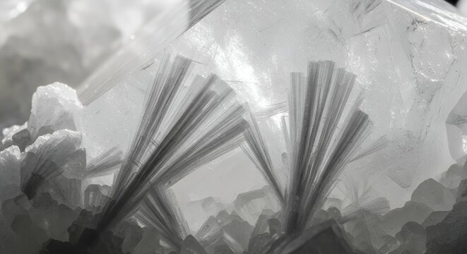 Extreme macro view of crystalline structures featuring large translucent blocks and delicate radiating fibrous growths. A detailed abstract background showcasing geological or microscopic complexity - Powered by Adobe
