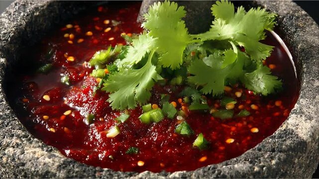 Spicy Chili Paste with Fresh Cilantro in Stone Mortar Close Up.