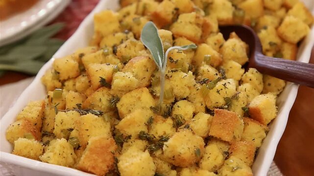Delicious Homemade Cornbread Stuffing Served Warm with Fresh Sage Garnish.
