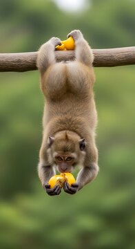 A playful monkey hangs upside down from a branch while eating a yellow fruit.