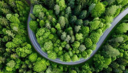 Breathtaking aerial view of a winding mountain road enveloped in lush greenery and scenic beauty