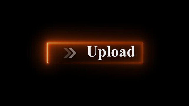 Neon Upload button animation on black background with arrows pointing right, bright digital upload UI element, neon call-to-action symbol for web apps, cloud transfer and data upload interfaces