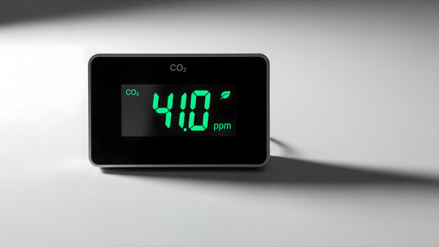 A modern CO2 digital meter showing low emission levels on a clean white surface, representing accurate carbon monitoring, air quality control, and progress toward net-zero goals.