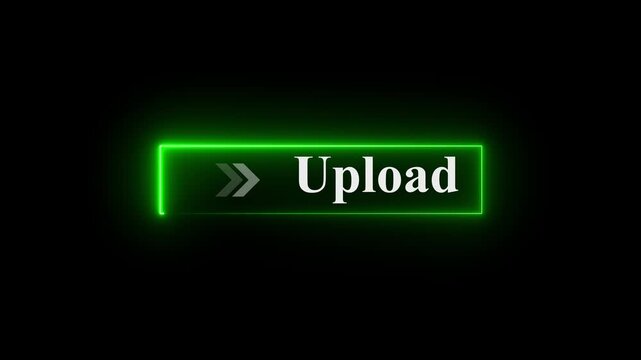 Neon Upload button animation on black background with arrows pointing right, bright digital upload UI element, neon call-to-action symbol for web apps, cloud transfer and data upload interfaces