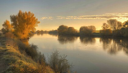 Serene sunset over tranquil lake with reflective trees   a peaceful nature photography scene