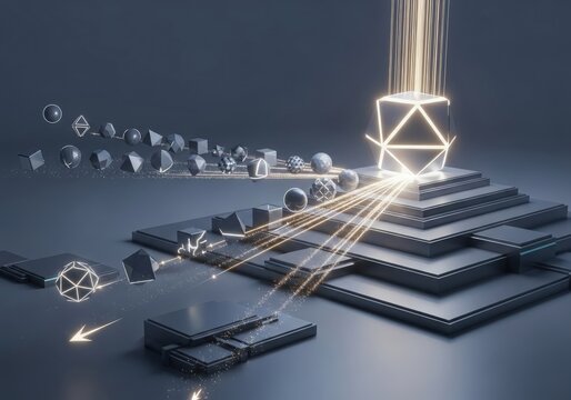 Abstract geometric shapes ascend a futuristic platform receiving radiant energy