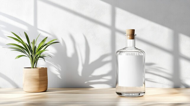 Minimal clear bottle mock up blank glossy label with potted plant and sunlight shadow