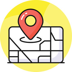 Red map pin location marker symbol on abstract white map with yellow circular background illustration