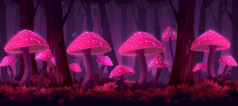 Enchanted forest filled with luminous mushrooms creating a magical fantasy atmosphere