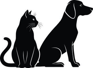 Black silhouette of a domestic cat and dog sitting side by side, loyal pets friends concept vector illustration, feline and canine animals graphic icon design.