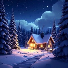 Fototapeta premium A cozy wooden cabin nestled amongst snow-covered fir trees on a clear night. Warm light emanates from within