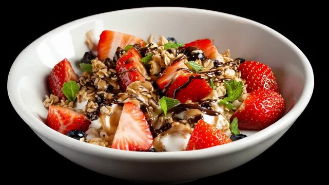 Delicious Bowl of Yogurt Parfait with Fresh Strawberries, Granola and Chocolate Drizzle.