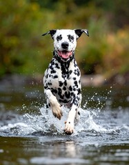 A Dalmatian dog joyfully runs through shallow water, creating splashes. The background is a blurred view of green foliage and foliage