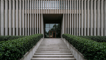 Obraz premium Striking modern concrete facade framed by green foliage