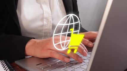 Online shopping. Close-up of a professional woman's hands using a computer, with an animated globe and shopping cart. - Powered by Adobe
