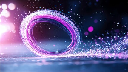 A dynamic swirl of pink and purple light trails with scattered luminous particles against a dark, bokeh-filled background.