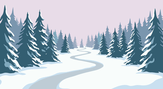 Winter Wonderland: Snow-Covered Path Through a Forest of Evergreen Trees