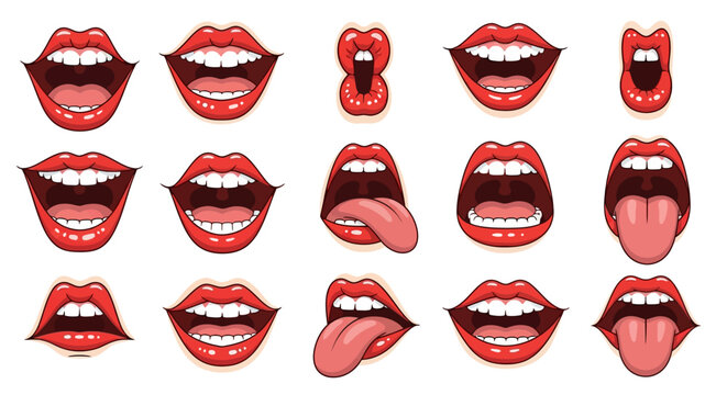 Collection of various cartoon mouths and tongues on a white background