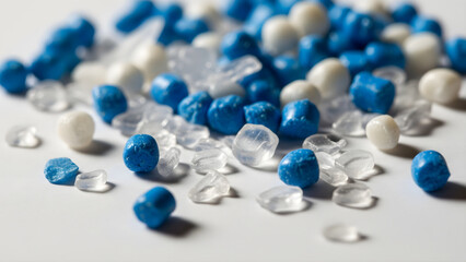 Macro photo of recycled plastic pellets and PET flakes as raw materials for circular economy, highlighting sustainability, resource reuse, and industrial recycling processes.