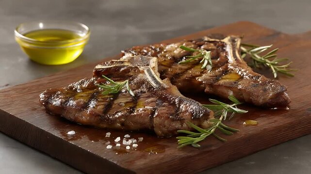 Succulent Grilled T Bone Steaks with Rosemary and Olive Oil on Wooden Board.