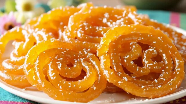 Delicious Golden Jalebi Sweet Spirals Garnished with White Sprinkles.