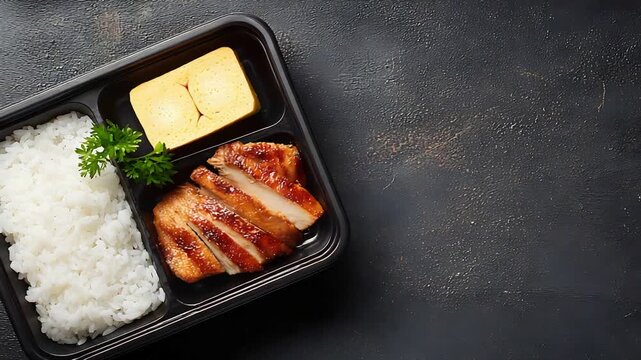 Delicious Japanese Bento Box with Teriyaki Chicken and Rice Ready to Eat.
