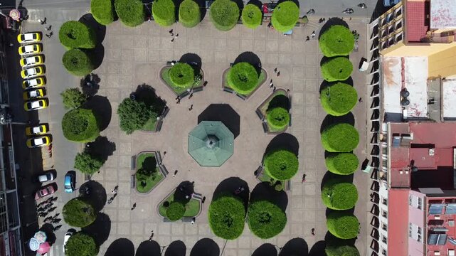 Top view of the Main Square of Arandas, camera turn to observe the parish of Santa Mar&iacute;a de Guadalupe. Arandas, Jalisco, Mexico