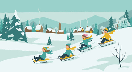 Winter Fun: Children Sledding in a Snowy Village