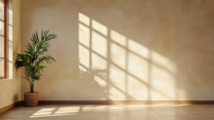 Sunlit window shadow plant in minimalist room creating calm warm atmosphere