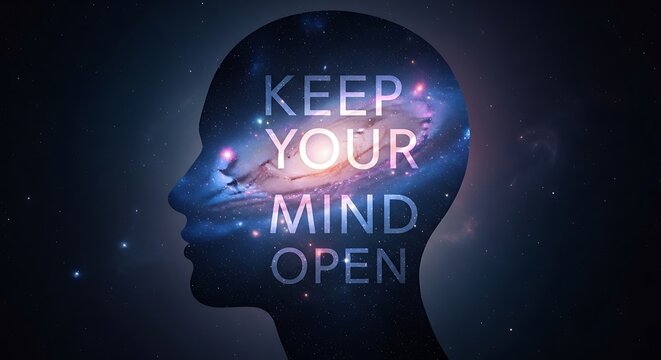 Keep Your Mind Open - Silhouette of a Human Head with Cosmic and Luminous Text.