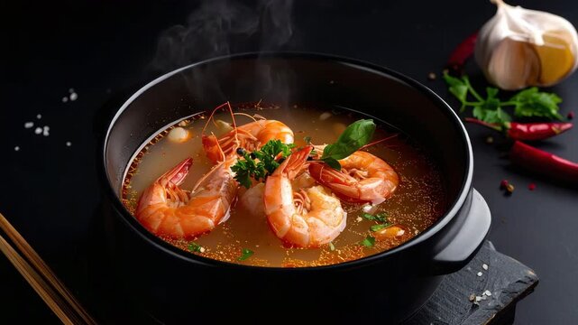 Shrimp Soup: A steaming bowl of flavorful soup, brimming with succulent shrimp and aromatic herbs. The warm, inviting meal promises a delicious culinary experience.