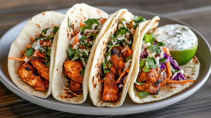 Spiced grilled chicken tacos with purple slaw, carrot, cilantro and creamy yogurt lime sauce