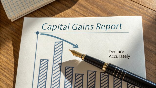 Detailed Capital Gains Report with Bar Graph and Pen Showing Financial Growth Analysis on Wooden Desk Surface